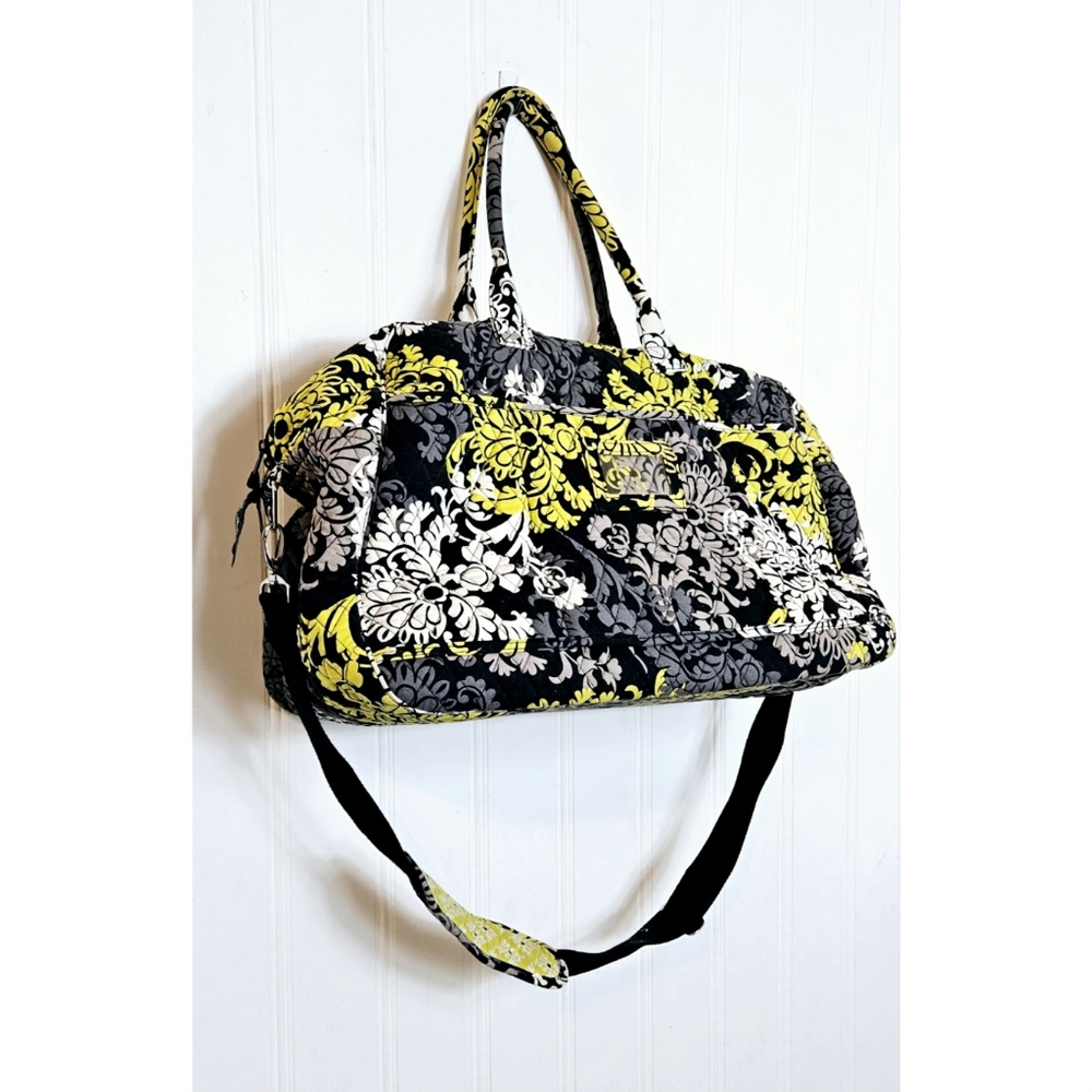 Vera Bradley Quilted Black Yellow Floral Duffle Travel Bag Removable Strap